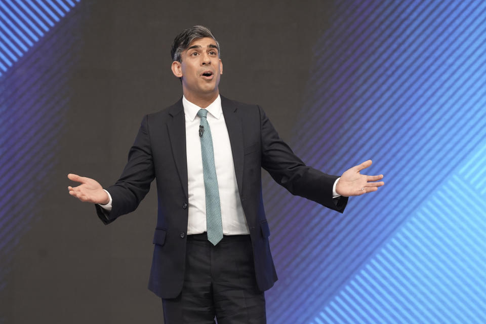 Britain's Prime Minister Rishi Sunak addresses the audience, during the Sky News election debate, in Grimsby, England, Wednesday June 12, 2024. (Stefan Rousseau/Pool Photo via AP)