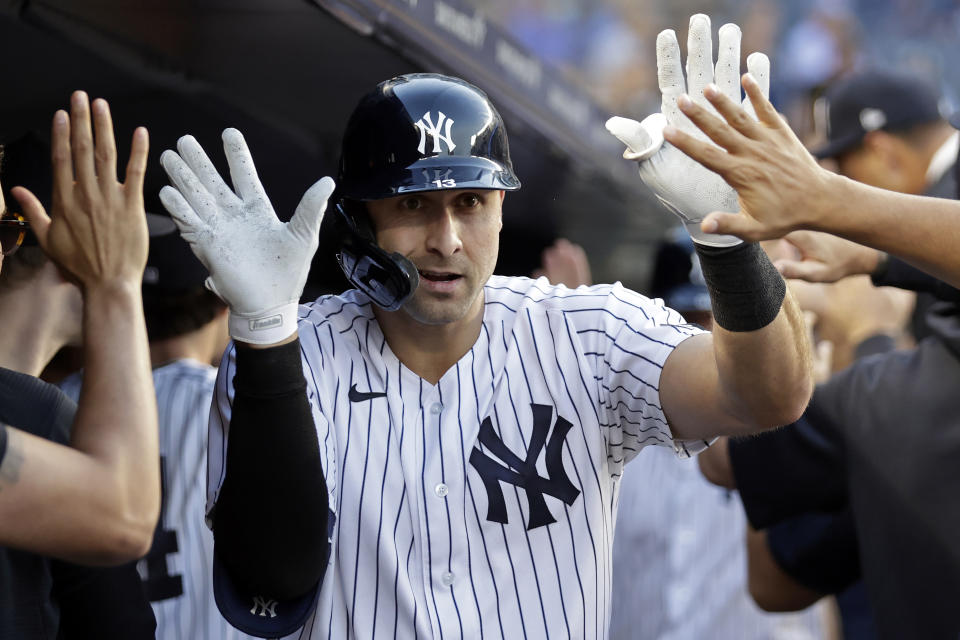 NEW YORK, NY - AUGUST 16: Joey Gallo #13 of the New York Yankees celebrates his two-run home run against the Los Angeles Angels during the first inning at Yankee Stadium on August 16, 2021 in New York City. (Photo by Adam Hunger/Getty Images)