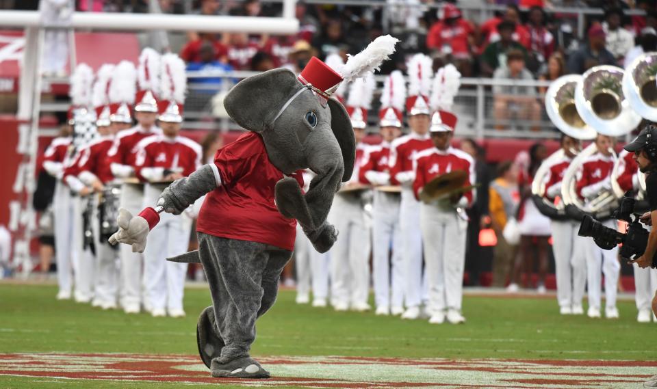 Big Al leads the Million Dollar Band onto the field for their pregame show before the Crimson Tide played Texas on Sept. 9, 2023, at Bryant-Denny Stadium.