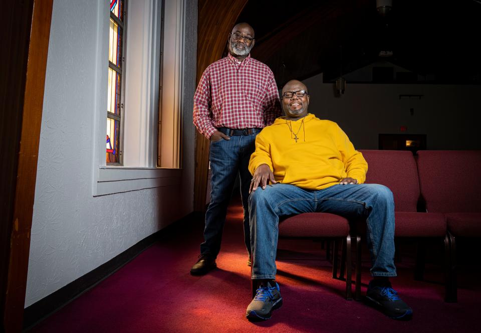 Twenty years ago, James King needed a kidney. His brother Harambee Purnell was a perfect match as a donor. But the brothers never expected decades later that Harambee would move to the top of the list for a kidney transplant. James King (left) and Harambee Purnell pose for a photo on Wednesday, March 15, 2023 at Emmanuel Christian Fellowship Center in Indianapolis. 