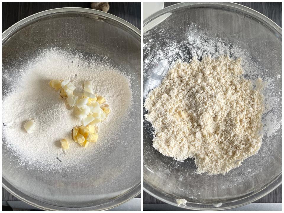 A composite image, showing first a glass bowl with sifted flour, lard and butter, and secondly the same ingredients turned into a fine crumb.