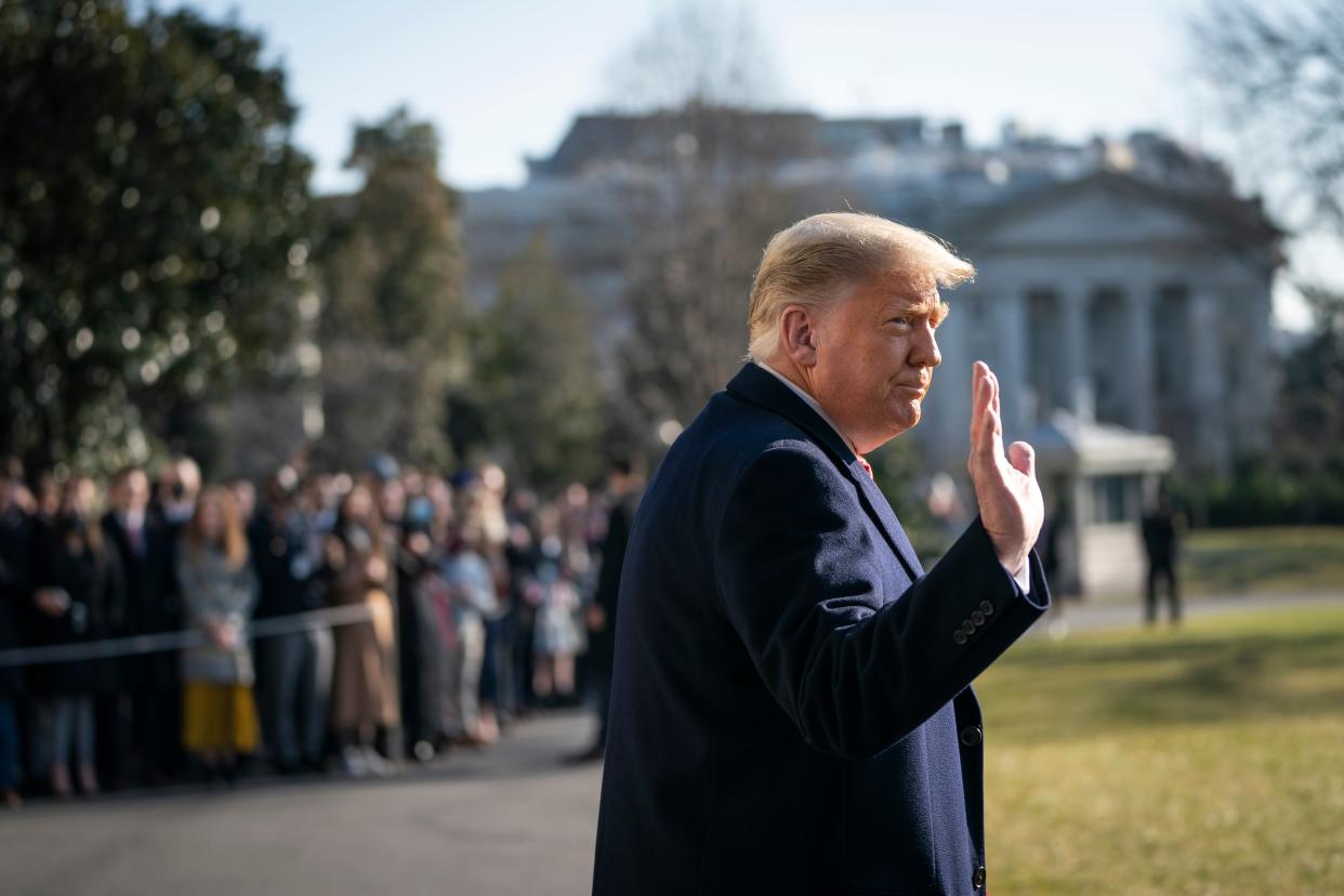 <p>President Donald Trump waves as he walks to Marine One on the South Lawn of the White House on 12 January 2021 in Washington, DC</p> ((Getty Images))