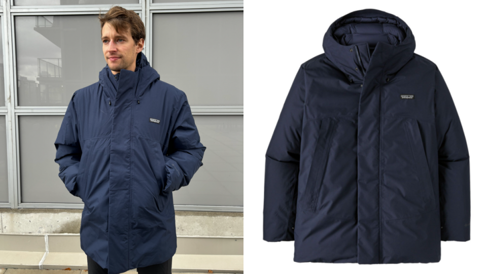 man wearing navy blue patagonia winter jacket, One could don the Stormshadow on the ski hill without feeling trapped (photos via Alex Cyr & Patagonia).