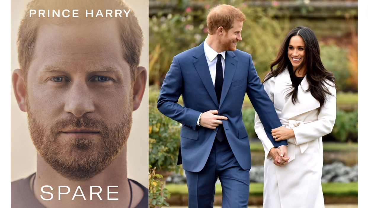 Left: Cover image of 'Spare' by Prince Harry, which will be released internationally on 10 January 2023. Right: Prince Harry and Meghan Markle during their announcement of transition away from the Royal Family. 