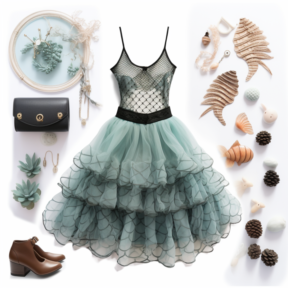 shells laid out next to a tutu dress with fishnet top