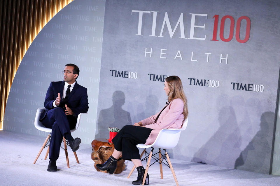Co-Founder &CEO of Last Mile Health, Dr. Raj Panjabi (L), and Nation Editor at TIME Haley Sweetland Edwards speak onstage during the TIME 100 Health Summit at Pier 17 in New York City on Oct. 17, 2019. | Brian Ach—Getty Images for TIME 100 Health