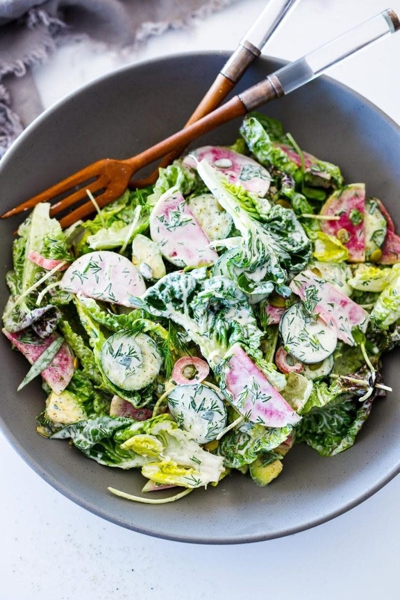 Little gem salad with cucumber, radish, and ranch dressing.