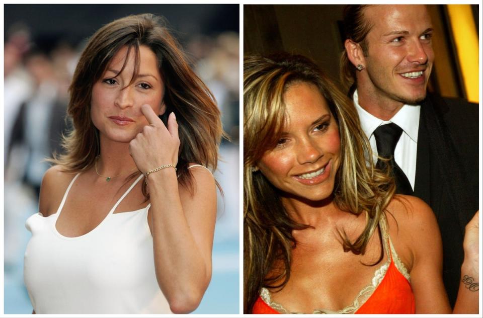 Left: Rebecca Loos pictured in 2005, and Victoria and David Beckham in 2004, the year the alleged ‘affair’ scandal broke (Getty)
