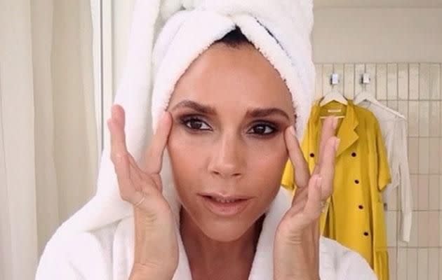 Posh posted a video of her five-minute make-up routine earlier this year, and admits she eats salmon everyday for flawless skin. Photo: Instagram/victoriabeckham