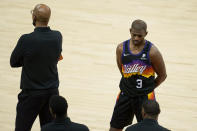 Phoenix Suns guard Chris Paul (3) stands next to head coach Monty Williams during the second half of Game 5 of basketball's NBA Finals against the Milwaukee Bucks, Saturday, July 17, 2021, in Phoenix. (AP Photo/Ross D. Franklin)