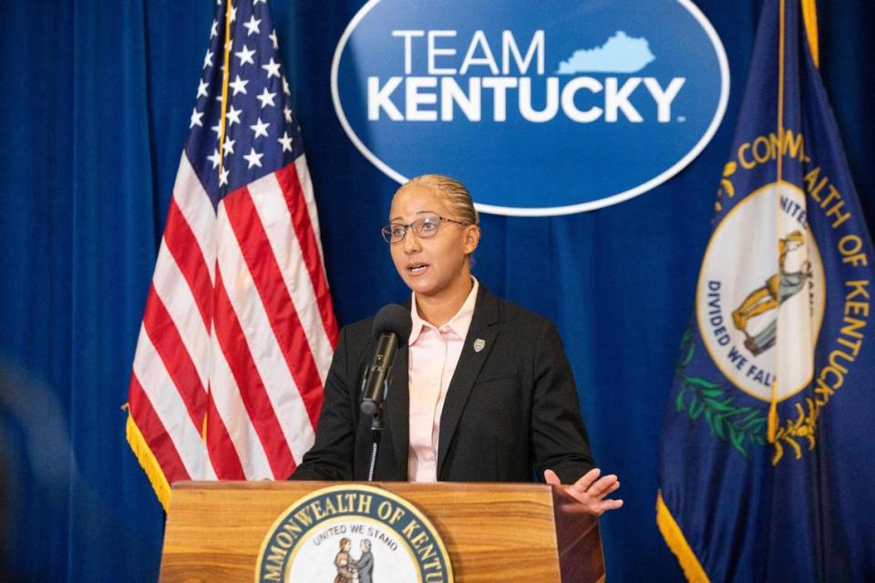 Kentucky State Police detective Rugina Lunce, human trafficking coordinator, speaks about operation United Front that targeted human trafficking that resulted in the rescue of 21 victims and the arrest of 41 individuals during a press conference at the Capitol in Frankfort, Ky., Wednesday, September 1, 2021.