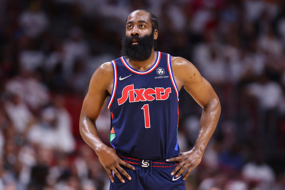 MIAMI, FLORIDA - MAY 10: James Harden #1 of the Philadelphia 76ers reacts against the Miami Heat during the first half in Game Five of the Eastern Conference Semifinals at FTX Arena on May 10, 2022 in Miami, Florida. NOTE TO USER: User expressly acknowledges and agrees that, by downloading and or using this photograph, User is consenting to the terms and conditions of the Getty Images License Agreement.  (Photo by Michael Reaves/Getty Images)