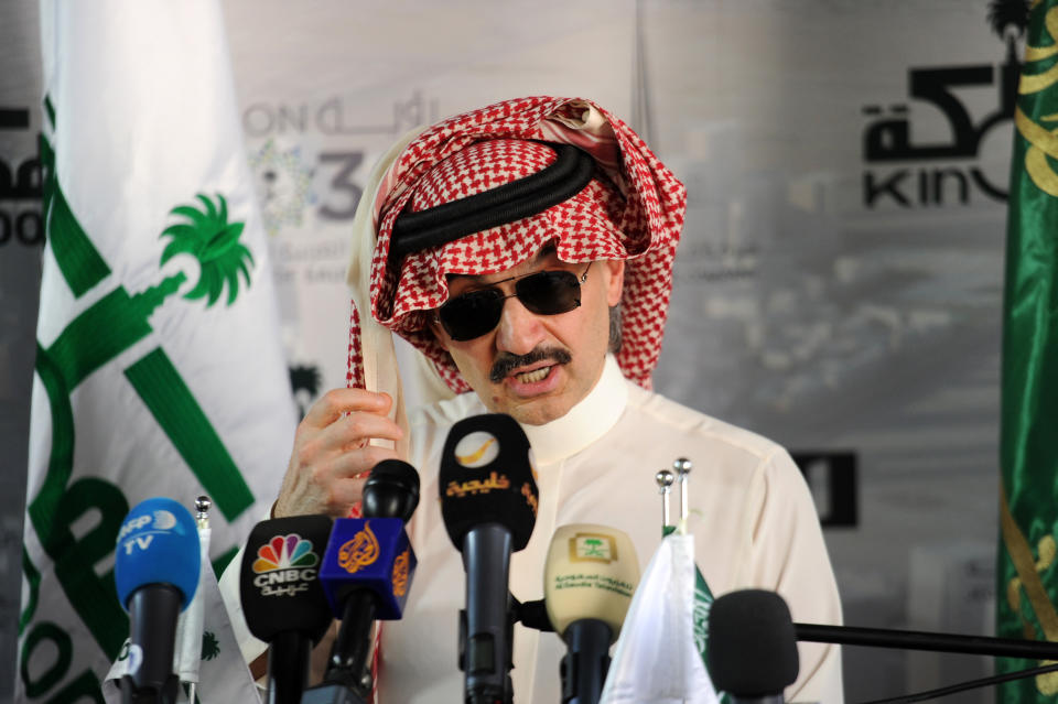 Saudi Prince Alwaleed bin Talal speaks during a press conference.