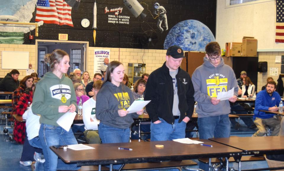 West Holmes senior FFA students Bree Pringle, left, Lana Croskey, Wyatt Schlauch and John Maloney thanked West Holmes board members for allowing them to go on a recent trip to Denver, and shared highlights of the trip.
(Credit: KEVIN LYNCH/THE DAILY RECORD