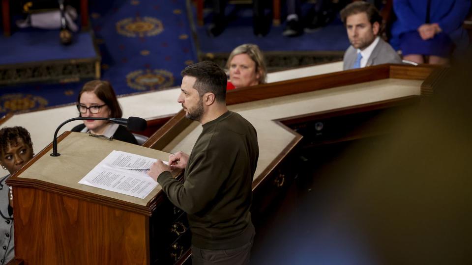 Ukrainian President Volodymyr Zelenskyy addresses a joint meeting of Congress in the House chamber of the U.S. Capitol on Dec. 21, 2022. (Anna Moneymaker/Getty Images)