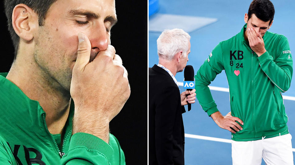 Novak Djokovic, pictured here breaking down in tears after his win at the Australian Open.