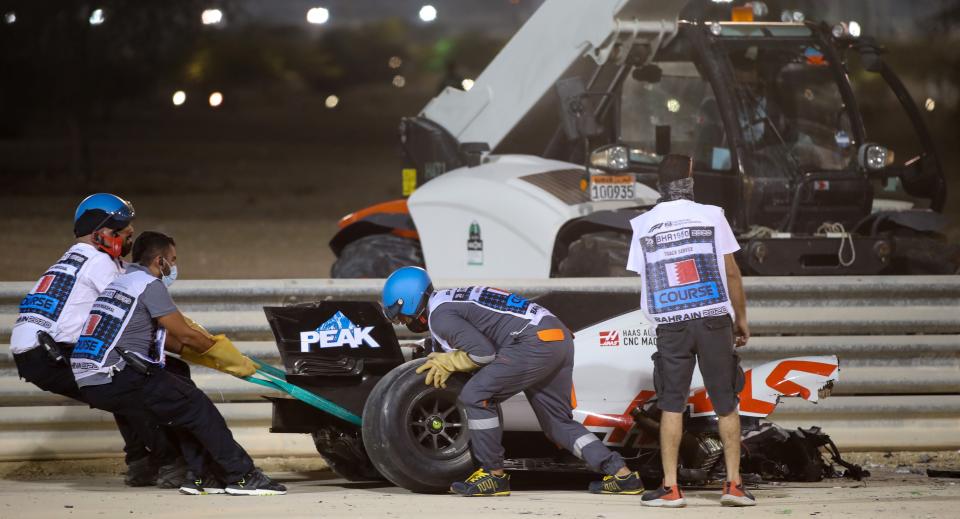 <p>The rear section of Grosjean’s car ripped apart from the cockpit</p>AFP via Getty