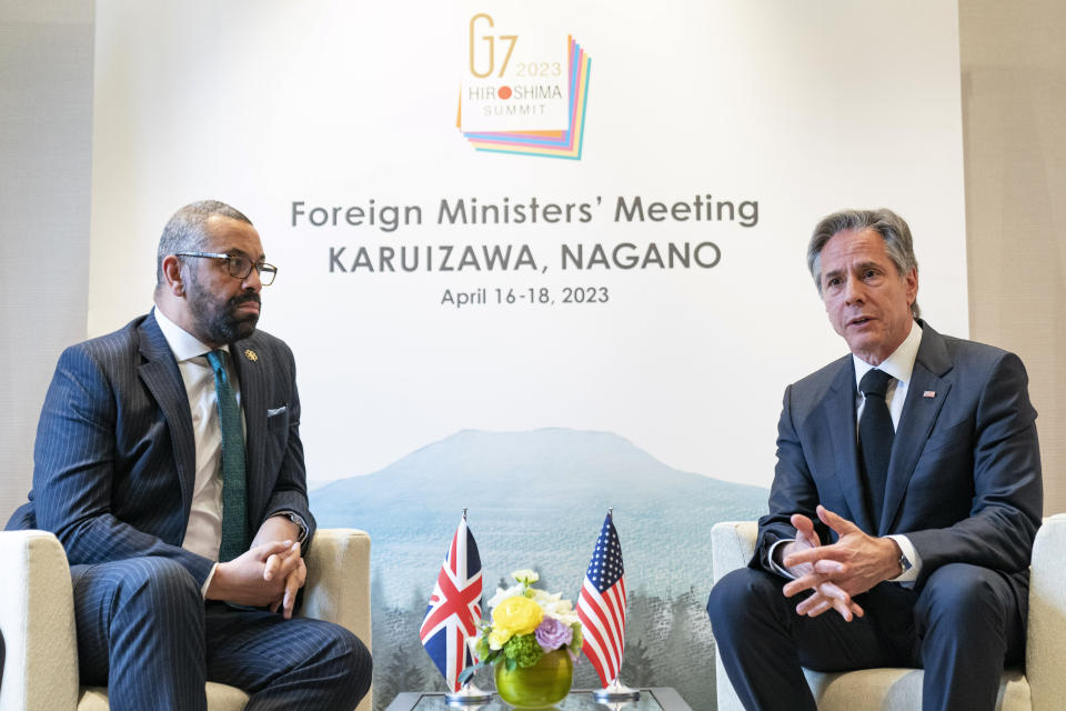British Foreign Secretary James Cleverly, left, and U.S. Secretary of State Antony Blinken meet during a G7 Foreign Ministers' Meeting at The Prince Karuizawa hotel in Karuizawa, Japan, Tuesday, April 18, 2023. (AP Photo/Andrew Harnik, Pool)