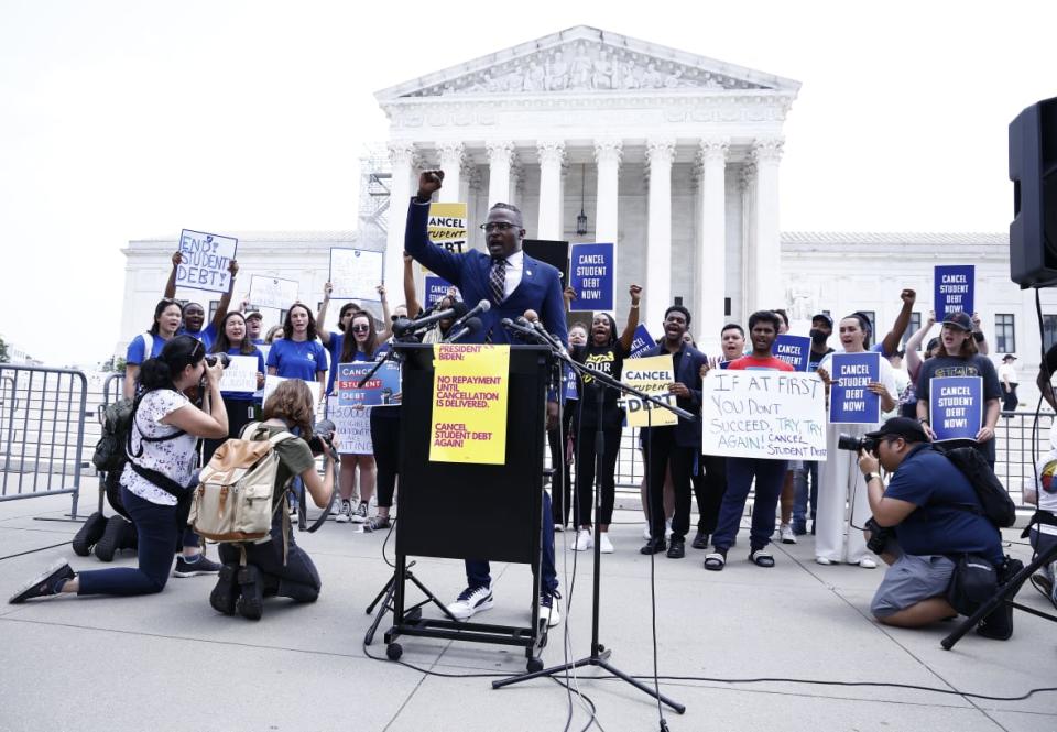 Wisdom Cole, NAACP, joins student loan borrowers to demand President Biden use “Plan B” to cancel student debt immediately at a rally outside of the Supreme Court of the United States on June 30, 2023 in Washington, DC. (Photo by Paul Morigi/Getty Images for We The 45 Million)