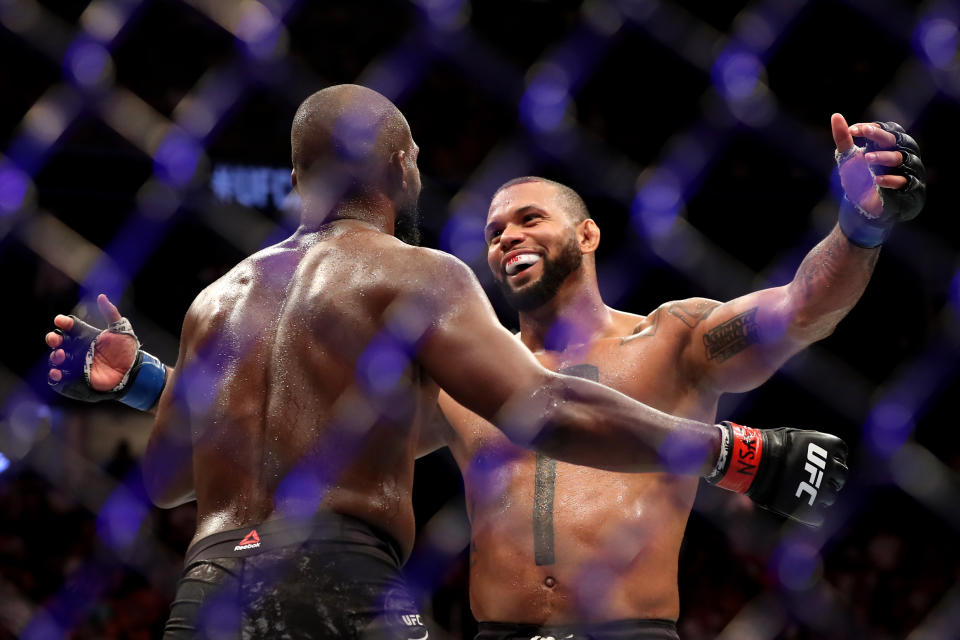 Jon Jones of the United States hugs Thiago Santos of Brazil after their UFC Light Heavyweight Title bout at T-Mobile Arena on July 06, 2019 in Las Vegas, Nevada.  Jones defeated Santos by decision. 