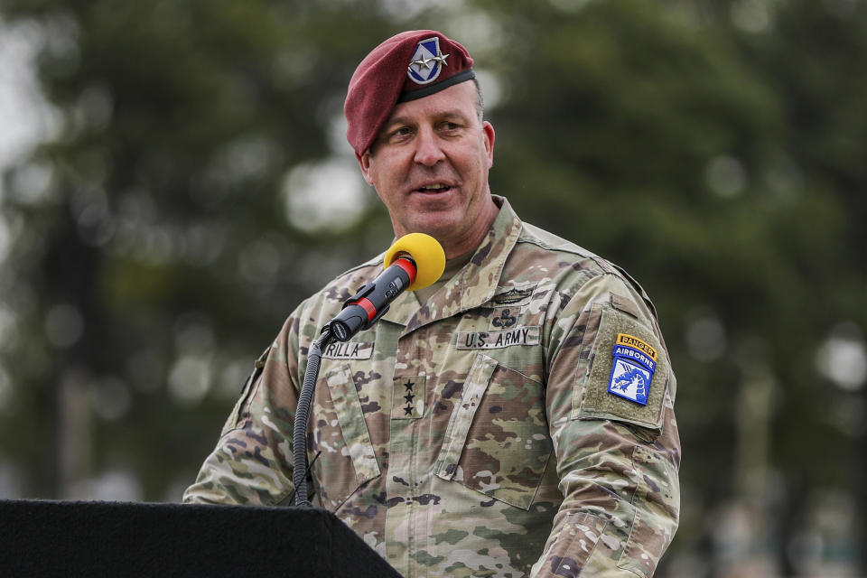 Then Lt. Gen. Michael "Erik" Kurilla gives a speech March 5, 2021, in Fort Campbell, Ky. Army Gen. Kurilla, head of U.S. Central Command, told a Senate committee Thursday, March 7, 2024, that exploding violence in the Middle East, fueled by Iran, presents the most likely threat to the U.S. homeland, and the risk of an attack by violent extremists in Afghanistan on American and Western interests abroad is increasing, the top U.S. commander for the Mideast. (Spc. Andrea Notter/U.S. Army via AP)