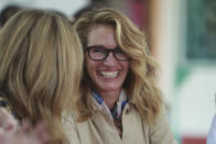 Actress Julia Roberts shares a laugh with Jenna Bush Hager as they meet with female students at Can Giuoc high school in Long An province, Vietnam Monday, Dec. 9, 2019. Roberts is accompanying U.S. former first lady Michelle Obama on a trip to Vietnam to promote education for adolescent girls. (AP Photo/Hau Dinh)