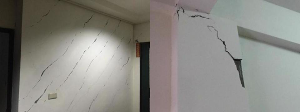 牆45度破壞(左圖)或柱45度破壞(右圖)，都可能是建物耐震力受損的訊號之一。（示意圖／建築安全履歷協會）