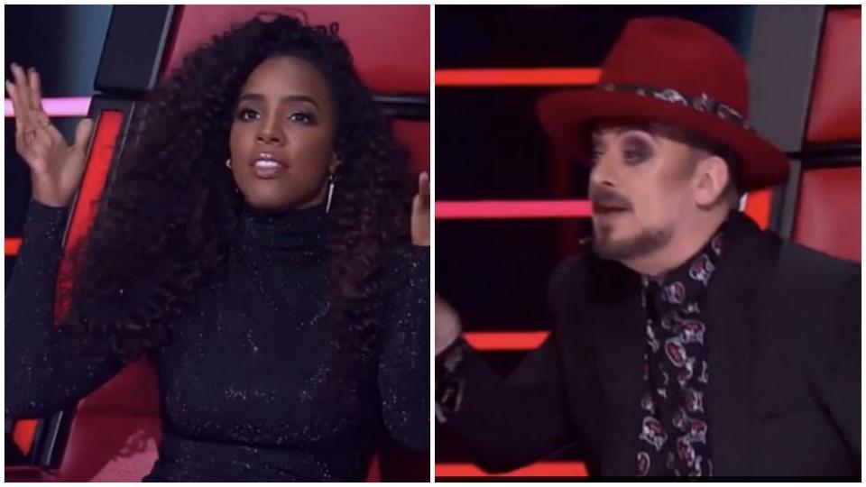 The Voice coaches Kelly Rowland and Boy George were engaged in an tiff during Sunday night's episode. Photo: Channel Nine