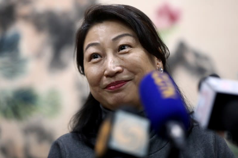 Hong Kong Secretary for Justice Teresa Cheng attends a news conference at the Chinese Embassy in London