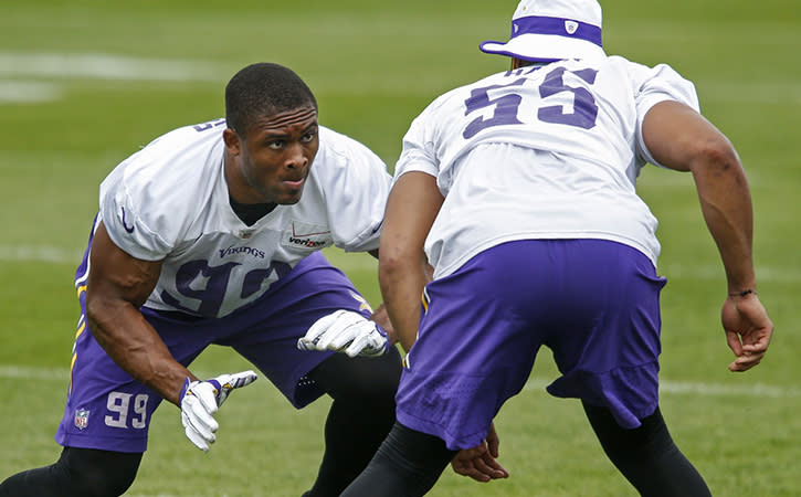 Minnesota Vikings defensive end Danielle Hunter runs a drill against linebacker Anthony Barr at training camp at Minnesota State University.