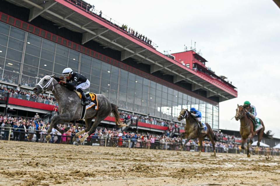 Jamie Torres aboard Seize the Grey (6) wins the running of the 149th Preakness Stakes at Pimlico Race Course