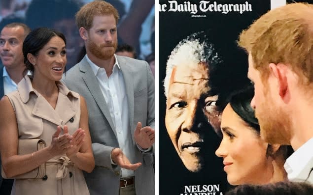 Duke and Duchess of Sussex celebrate Nelson Mandela's centenary at London exhibition (left) and are pictured in front of The Daily Telegraph front page from December 6, 2013, the day after the great man's death - Arthur Edwards/Tanya von Ahlefeldt