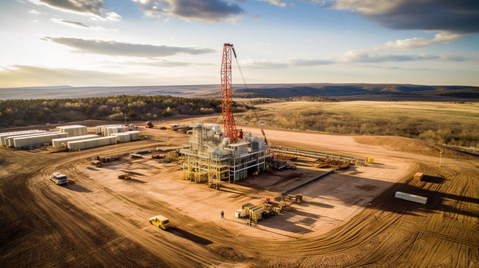 Aerial view of an oil and natural gas drilling operation on a leasehold position.