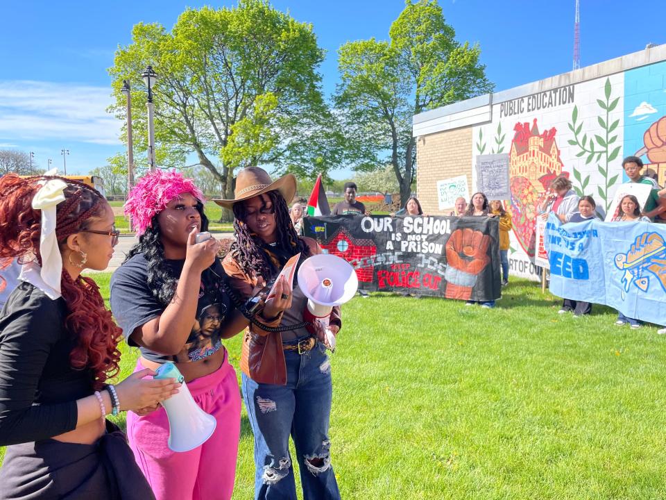 Serenity Thomas, a 17-year-old Hamilton High School student, talks about environmental justice issues from Milwaukee to Gaza ahead of a picket at the Milwaukee Public Schools central office May 1.