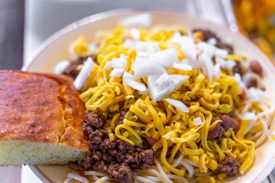 Lupie’s Cafe has been serving comfort food in Charlotte for 34 years. Shown here is its Cincinnati-style chili served over spaghetti noodles with cheese, onions and cornbread.