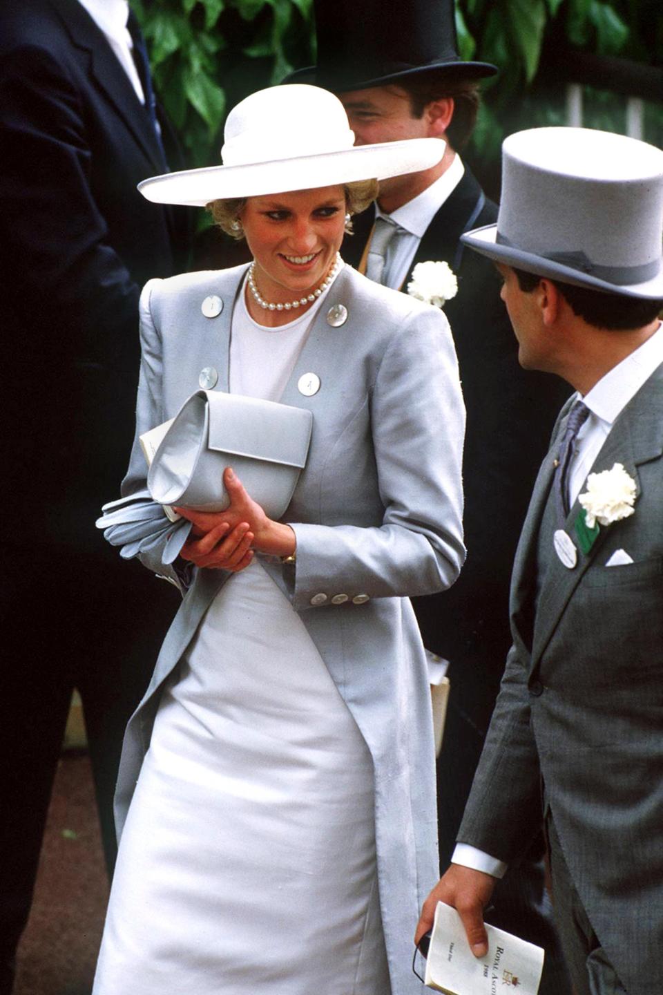 The Princess of Wales, wearing a Catherine Walker suit, at Ascot, June 1988. Her hat is designed by Philip Somerville. (Photo by Jayne Fincher/Getty Images)