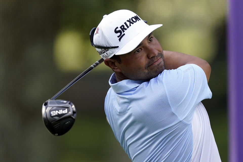 J.J. Spaun hits from the fifth tee during the second round of the St. Jude Championship golf tournament Friday, Aug. 12, 2022, in Memphis, Tenn. (AP Photo/Mark Humphrey)