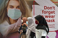 Women wearing protective face masks pass an advertisement promoting awareness of the coronavirus outbreak at a shopping mall in Jakarta, Indonesia, Wednesday, July 1, 2020. The government of Indonesia's capital region is extending the first transition phase from large-scale social restrictions in Jakarta as the number of new confirmed coronavirus cases continues to rise. (AP Photo/Tatan Syuflana)