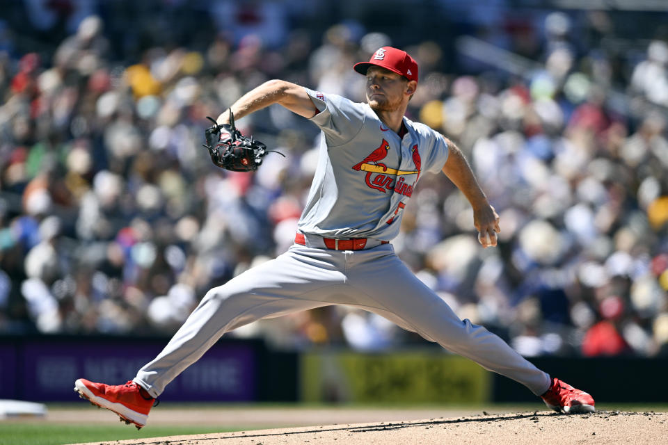 St. Louis Cardinals starting pitcher Zack Thompson (57) delivers during the first inning of a baseball game against the San Diego Padres, Wednesday, April 3, 2024, in San Diego. (AP Photo/Denis Poroy)