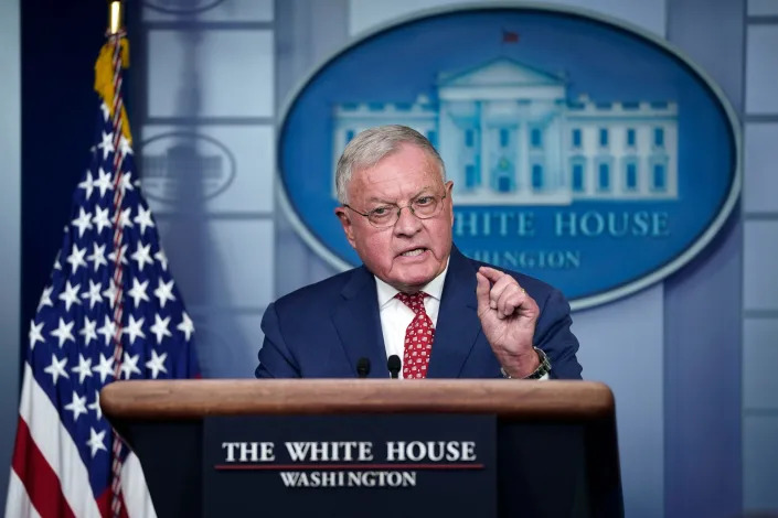 Retired Lt. Gen. Keith Kellogg speaks at a White House podium in a briefing