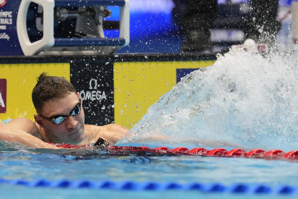 Ryan Murphy celebrates after winning the Men's 200 backstroke finals Thursday, June 20, 2024, at the US Swimming Olympic Trials in Indianapolis. (AP Photo/Darron Cummings)