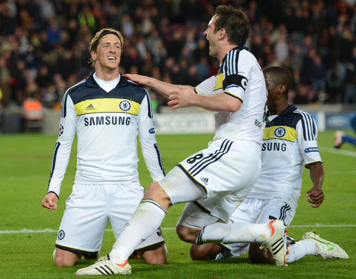 Fernando Torres celebrates the goal that won the 2012 Champions League semi-final against Barcelona