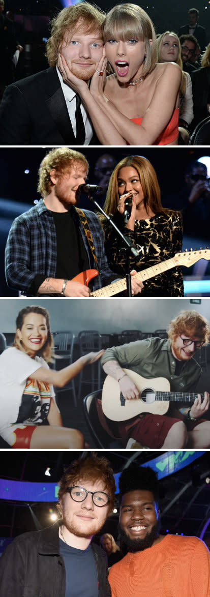 Sheeran and Taylor Swift at the 2016 Grammy awards; Sheeran and Beyoncé performing at "Stevie Wonder: Songs In The Key Of Life" in 2015; Sheeran and Rita Ora performing "Your Song;" Sheern and Khalid at the MTV Video Music Awards in 2017