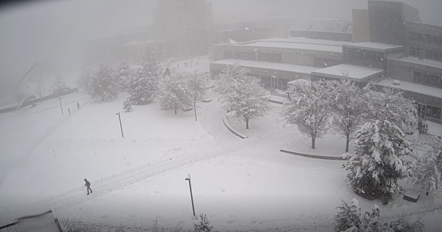 Snow covers the ground and creates near-white-out conditions at Utah State University in Logan on Wednesday morning, Feb. 21, 2024. (Courtesy: Utah State University)