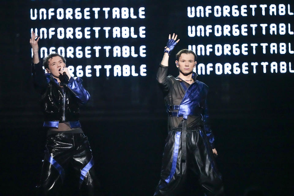 Marcus & Martinus of Sweden perform the song Unforgettable during the first semi-final at the Eurovision Song Contest in Malmo, Sweden, Tuesday, May 7, 2024. (AP Photo/Martin Meissner)