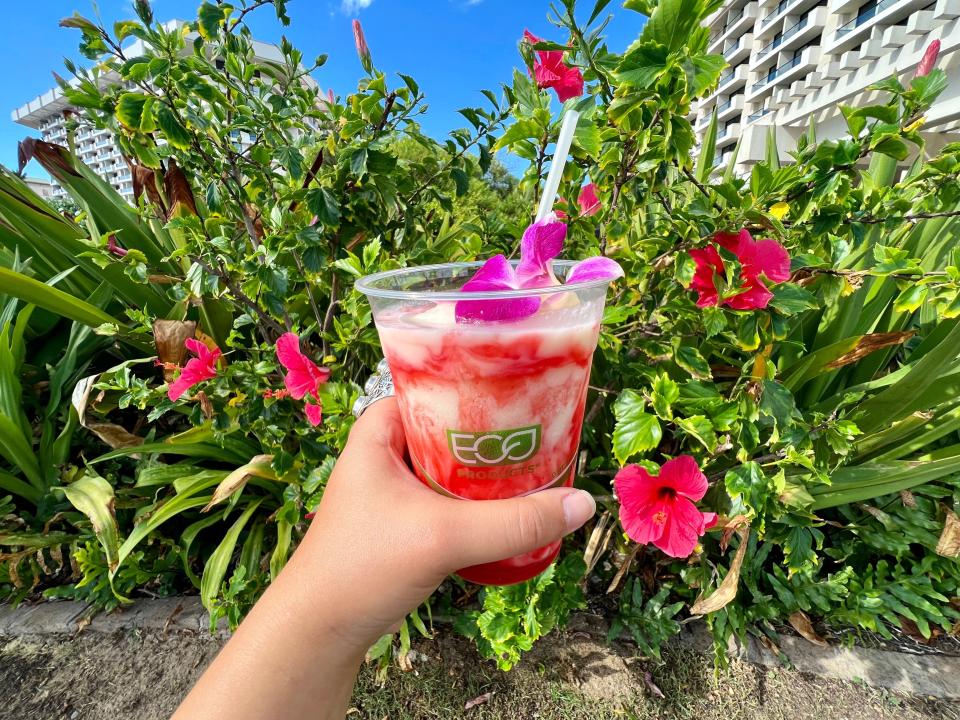 The writer holds a tropical cocktail with a pink flower in front of bush with red flowers