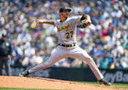 Pittsburgh Pirates starting pitcher Vince Velasquez throws against the Seattle Mariners during the second inning of a baseball game Saturday, May 27, 2023, in Seattle. (AP Photo/Lindsey Wasson)