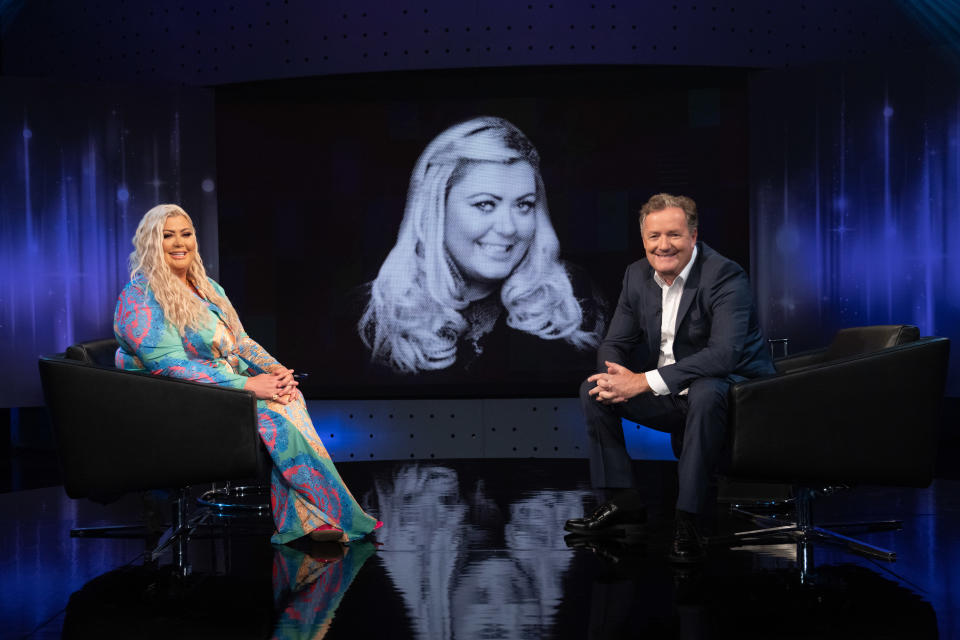 Editorial use only  Mandatory Credit: Photo by ITV/Gary Moyes/Shutterstock (11747216a)  Piers Morgan and Gemma Collins.  'Piers Morgan's Life Stories' TV Show, Series 17, Episode 4, UK - 11 Feb 2021  Piers Morgan's Life Stories, is a British ITV chat show, presented by journalist Piers Morgan. Recorded in front of a studio audience, each episode is devoted to one celebrity guest.