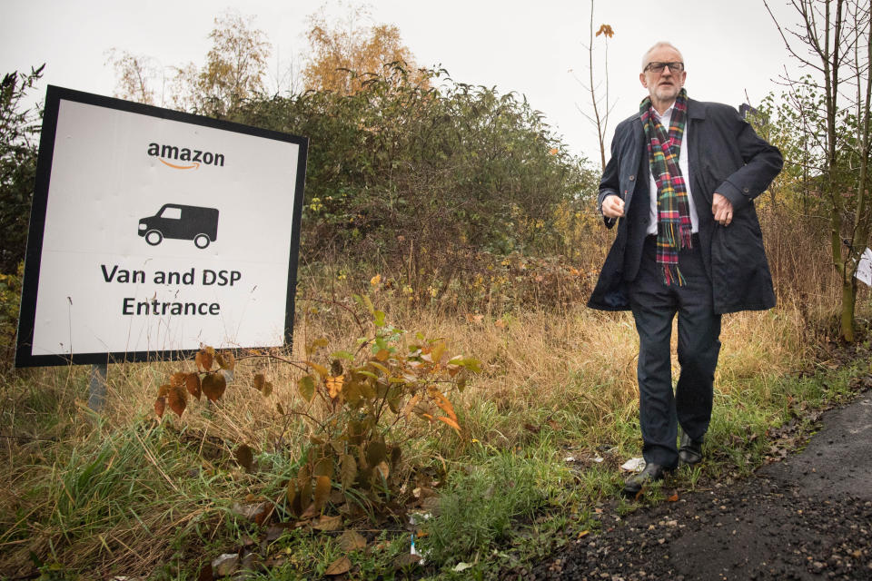 Labour Party leader Jeremy Corbyn outside an Amazon depot in Sheffield, South Yorkshire, to announce plans for a workers' rights revolution and to ensure big businesses pay their fair share of taxes.