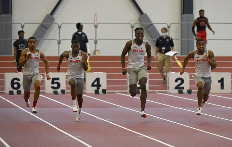 Ohio State's Praise Olatoke competes in the 60-meter dash at Penn State on Jan. 23, 2021.